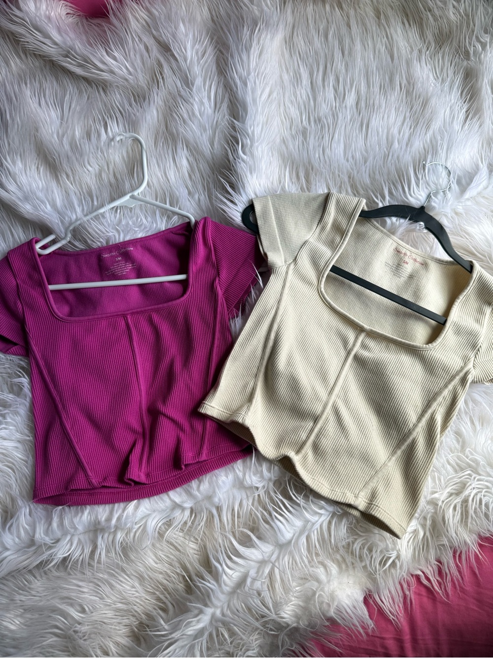 Ribbed Square-Neck Crop Top - Fuschia and Cream